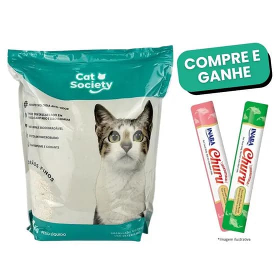 Areia Biodegradável Para Gatos e Roedores Cat Society Grãos Finos Pacote 4kg Ganhe Churu Sortido