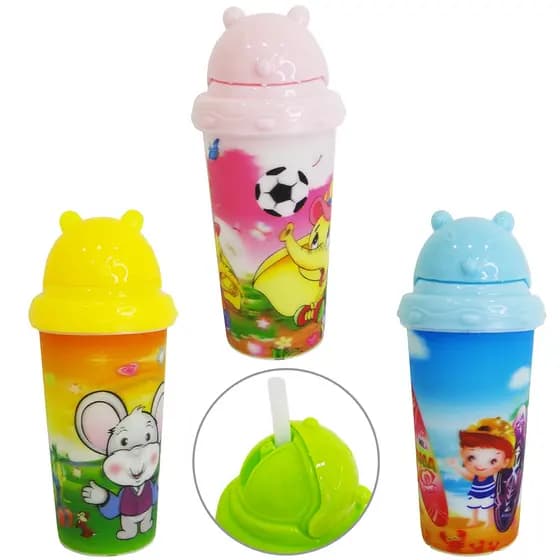 Copo c/Tampa e Canudo Plástico 3D Estampas Sortidas 300 ML.
