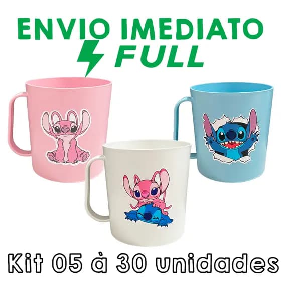 Kit Caneca Plástica 400ml Personalizada Stitch e Angel Lembrancinhas Aniversario Festa