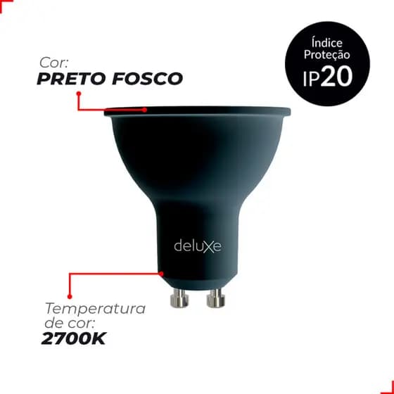 Lâmpada Led Dicróica MR16 4,8W Preto Fosco Amarelo 2700K