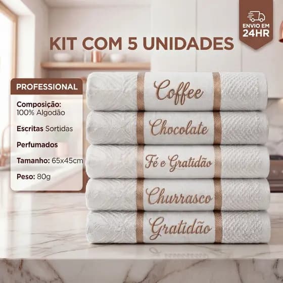 Kit 5 Panos de Prato Copa Perfumados 45x70 Jacquard Atoalhado Toalha De Cozinha