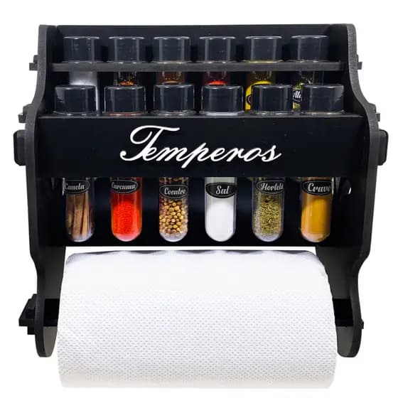 Porta Temperos/Condimentos MDF kit 12 potes + Suporte para papel toalha + Adesivos