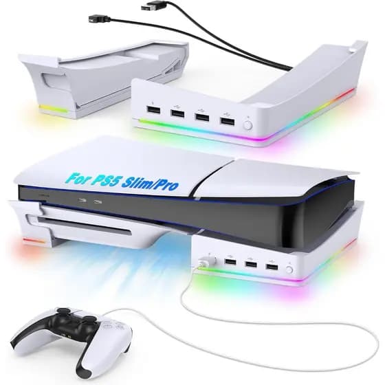 Suporte Horizontal RGB para Console PS5 Pro/PS5 Slim com 14 Modos de Luz e 4 Portas USB