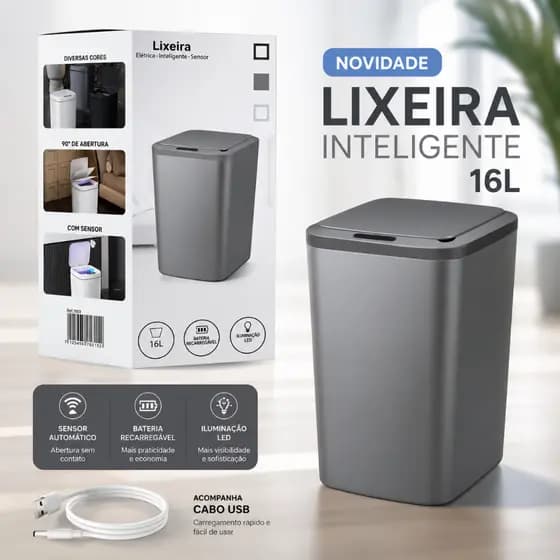 Lixeira Automática Inteligente 16L Recarregável Com Sensor Para Cozinha e Escritório