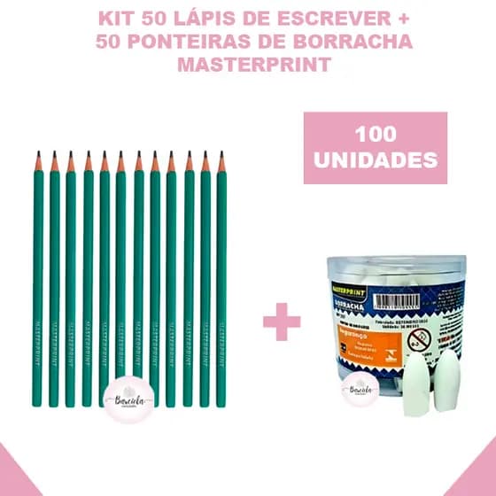 Kit 50 Lápis de Escrever Resina Nº2 Preto + 50 Borracha Ponteira Branca Material Escolar Masterprint