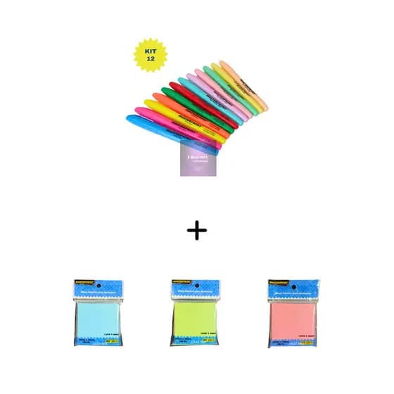 Kit 12 Marca Texto (6 Neon + 6 Pastel) + 3 Blocos Notas Adesivo Marcador de Páginas MASTERPRINT