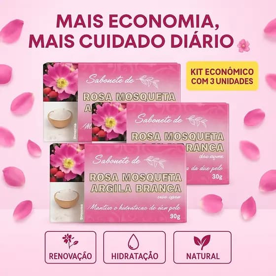 Kit 3 Sabonetes Rosa Mosqueta e Argila Branca – Clareamento e Maciez da Pele