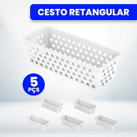 Kit Com 5 Cestos Organizador Multiuso Branco 28x11x8cm