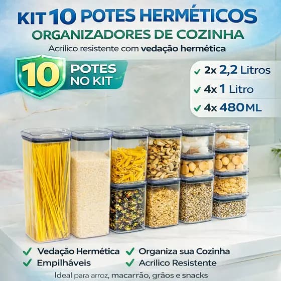 Kit 10 Pote Hermético Organizadores Empilhável em Acrílico Organizador para Alimentos