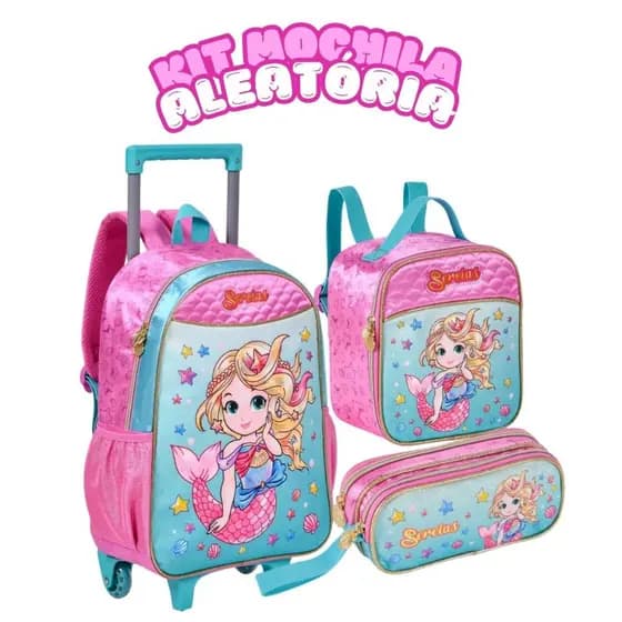 Kit Mochila Escolar Infantil Aleatória Menina 2 em 1 Com Carrinho Removível