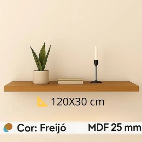 Prateleira 120x30 Freijó MDF 25mm decorações quarto sala escritório com suporte invisível
