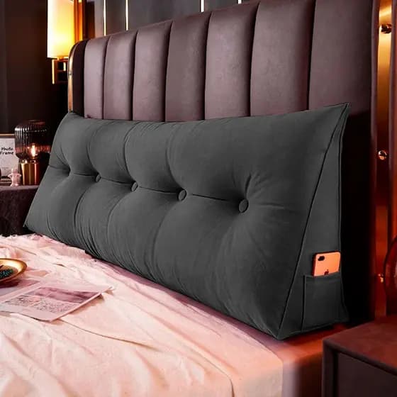 Almofada Cabeceira 160cm Estofada Suede com Bolso Porta Celular Apoio Lombar Cama Box Casal Queen
