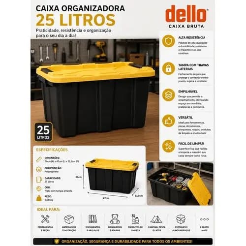 Caixa Organizadora Plástica Com Tampa Alta Durabilidade 25 Litros Preta Multiuso