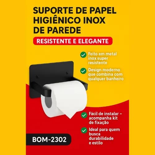 Suporte de Papel Higiênico Preto Fosco – Sem Furo e Com Prateleira | BOMVINK BOM‑2302