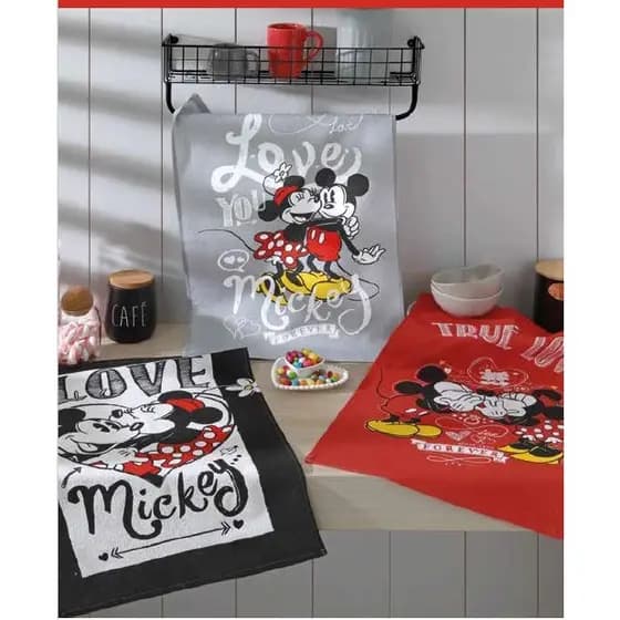 Pano de Copa Disney Mickey e Minnie - KIt 3 Peças -Charme e Qualidade na sua Cozinha !!