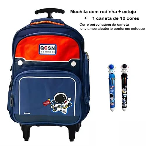 Mochila com rodinhas carrinho escolar com estojo para crianças de 6 a 12 anos com caneta de 10 cores