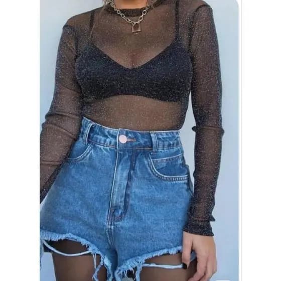 Blusa manga longa tule lurex