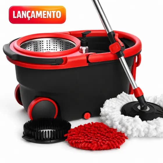 Mop Giratório 360° Kit Completo 3 Refis + Escova — Balde 16L Inox Cabo 160cm Dispenser e Rodinhas Lançamento 2026