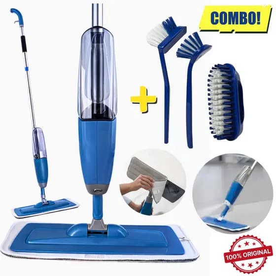 KIT Mop Spray Limpeza Limpa Seca Profissional + Escovas Multiuso Limpeza Faxina Pisos Banheiro