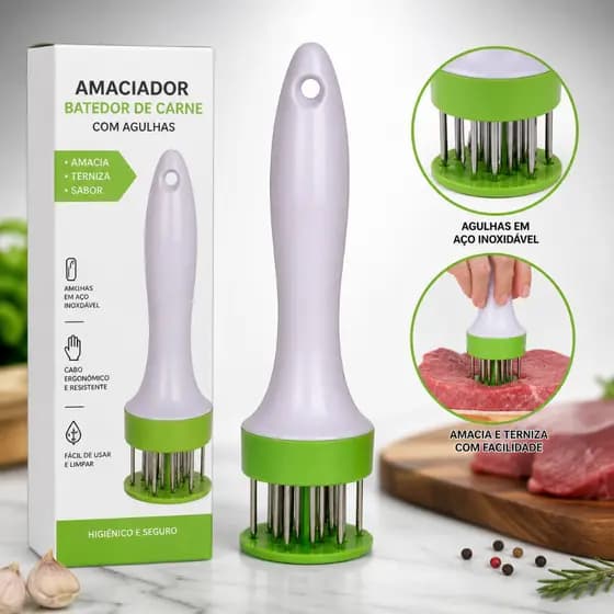 Amaciador Batedor de Carne Profissional com Agulhas Inox Maciez Instantânea e Cozimento Mais Rápido