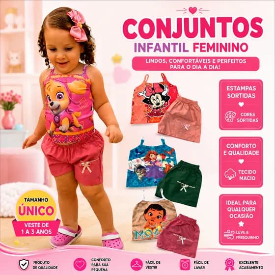 Kit 3 Conjuntos Infantil Feminino Verão 1 a 3 Anos - Leve e confortável