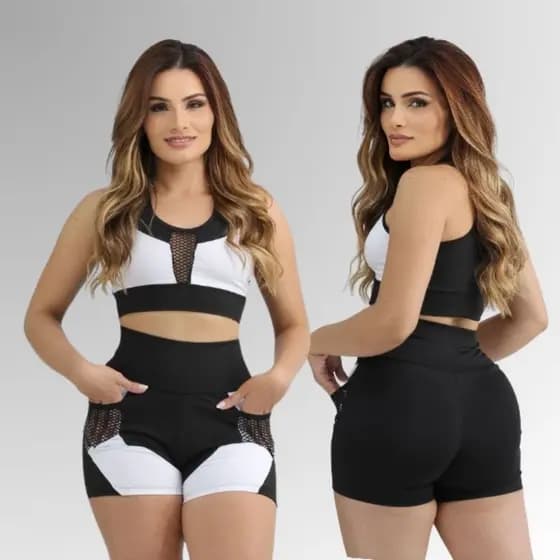 Conjunto Top é Short com Bolso Moda Fitness Cintura Alta Academia Feminino Alta Compressão Modelador