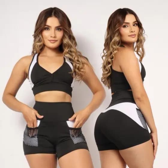 Conjunto short + top academia alta compressão Cintura Alta e Modeladora com Bolso Caminhada Esportes