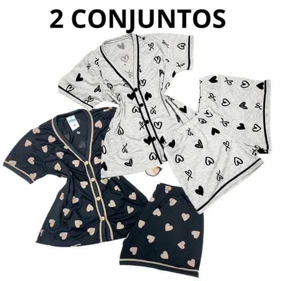 kit 2 Pijamas Feminino Amamentação Short Doll Americano Gola V Com Botões Pós Parto Gestante