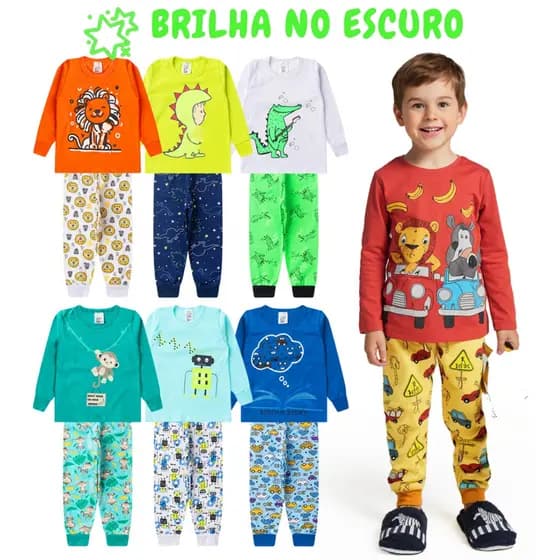 Kit 8 Peças Pijama Infantil Brilha no Escuro Menino Inverno Roupa Infantil Masculina