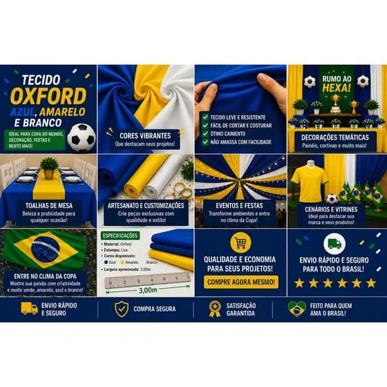 Tecido Oxford Azul Branco e Amarelo Copa do Mundo – Decoração, Festas e Eventos