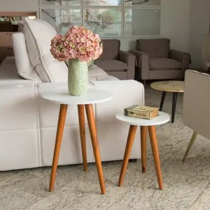 Conjunto de Mesinhas Canto E Apoio Pe Palito Madeira Tripe Porta Quadros E Objetos Branco Preto Sala