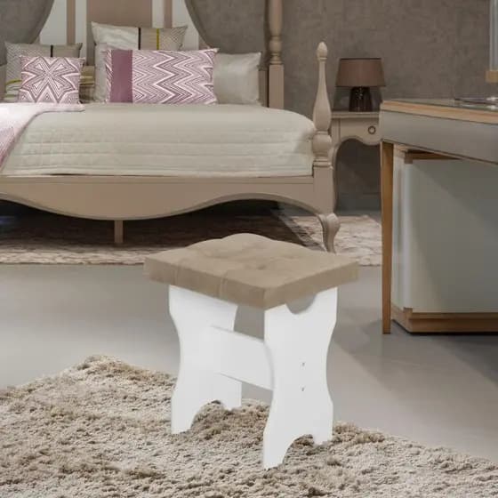 Banqueta Puff Estofada Suede Com Base MDF Branco Banco Decorativo Penteadeira Quarto Sala