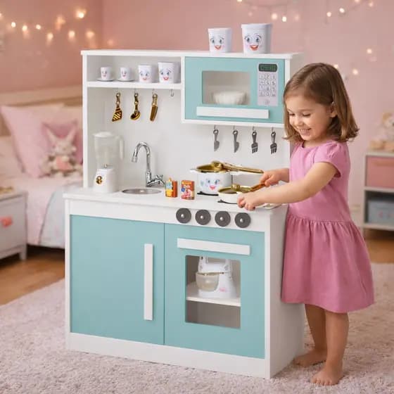 Cozinha Infantil de Brinquedo MDF Completa com Micro-ondas Forno Pia Brinquedo Educativo Interativo para Crianças