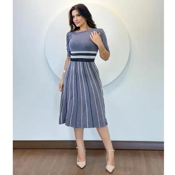 Vestido Feminino Midi sereia detalhes em listra acinturado Moda Evangélica Casual Elegante luxo