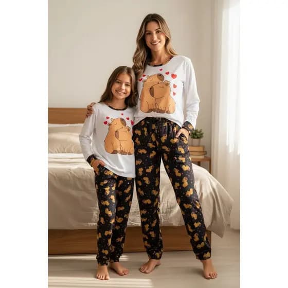 Kit 2 Pijamas Malha Premium Mae e Filha Capivara Inverno Blusa Manga Longa Conforto