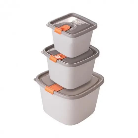 Conjunto de Potes de Plástico Retangulares com Tampa Fixa e Trava Trio 3 Unidades Cinza e cristal