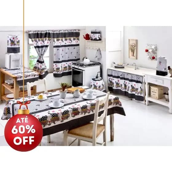 Kit 01 Jogo de Cozinha Tergal 8 Peças Completo Capas Cortinas Estampadas Promoção Decoração Cozinha
