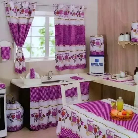 Jogo Cozinha Tergal Completo 8 Peças com Cortina Estampado Janela Pia Capas Toalha e Pano Decoração