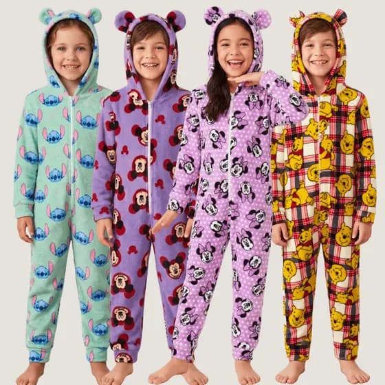 Pijama Macacão Infantil com Capuz Tecido UltraSoft 4 Ao 18 Pijama Inverno Infantil Juvenil