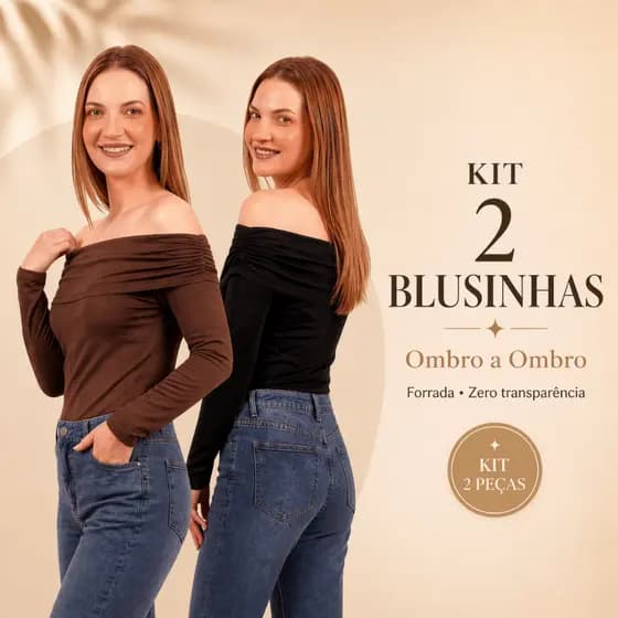 Kit 2 Blusas Ombro a Ombro Feminina Manga Longa Suplex Drapeada Justa Casual Elegante com Forro Blusinha de Frio