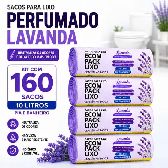 Kit 4 Rolos Saco Lixo Perfumado Lavanda 10L 160 Sacos 34x38 Banheiro Pia Anti Odor Reforcado