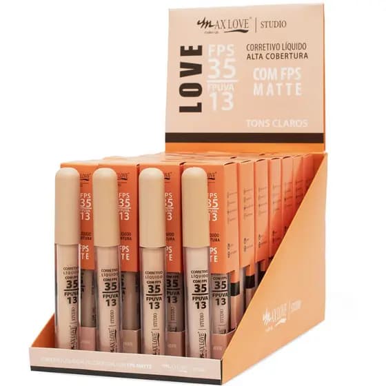 BOX COM 28 UNIDADES CORRETIVO MATTE MAX LOVE FPS 35 — LONGA DURAÇÃO | SORTIDO 108 ao 111