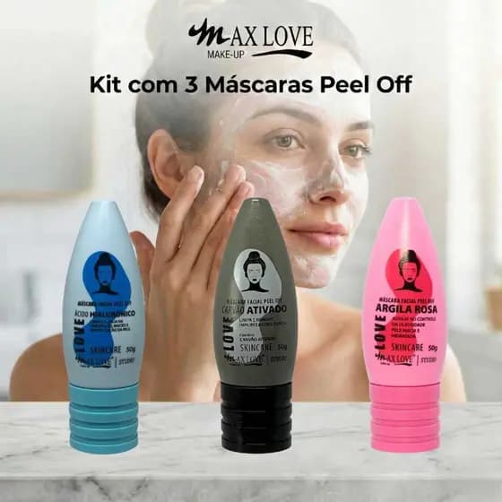 Kit com 3 Máscaras Peel Off - Ácido Hialurônico, Carvão Ativado, Argila Rosa Max Love