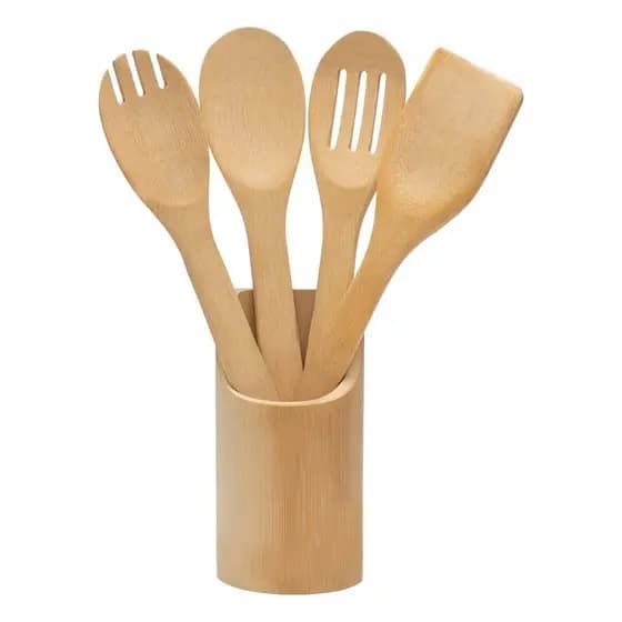 Kit Jogo Utensílios Bambu Cozinha 4 Peças + Suporte Cor Madeira