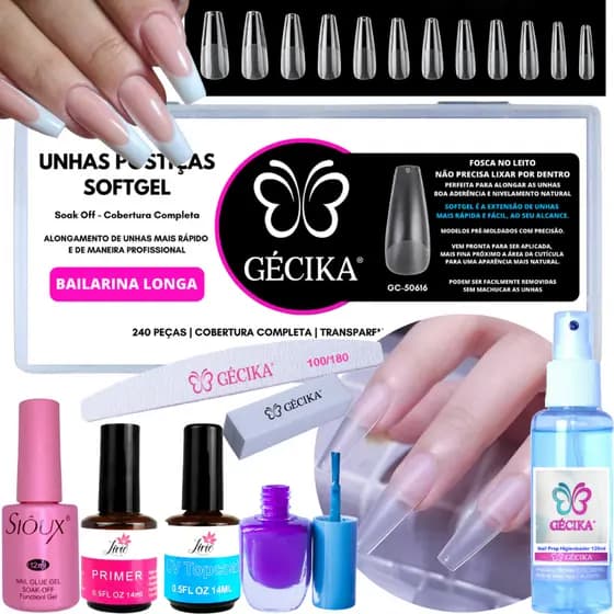 Kit Unha Postiça Soft Gel Bailarina Fosca Gecika Unhas Postiças Realista Soft gel Postiça Bailarina Realista Mesmo Fabricante Softgel D&Z Sioux Com 240 Unidades Click Certo