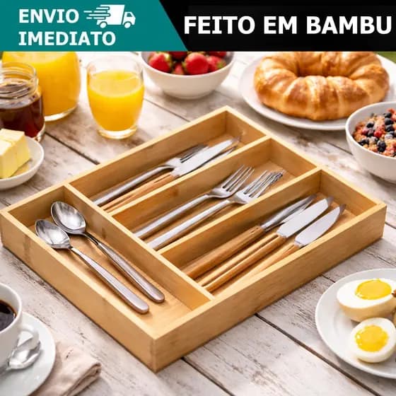 Organizador De Talheres Bambu Gaveta Extensível 4 Divisórias Cozinha Resistente