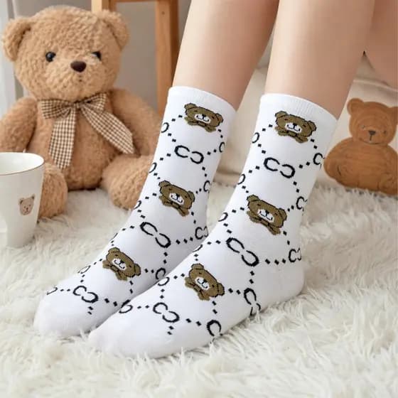 Meias Femininas Cano Médio Estampadas Com Ursinhos Desenhos Variados Tamanho 35-40