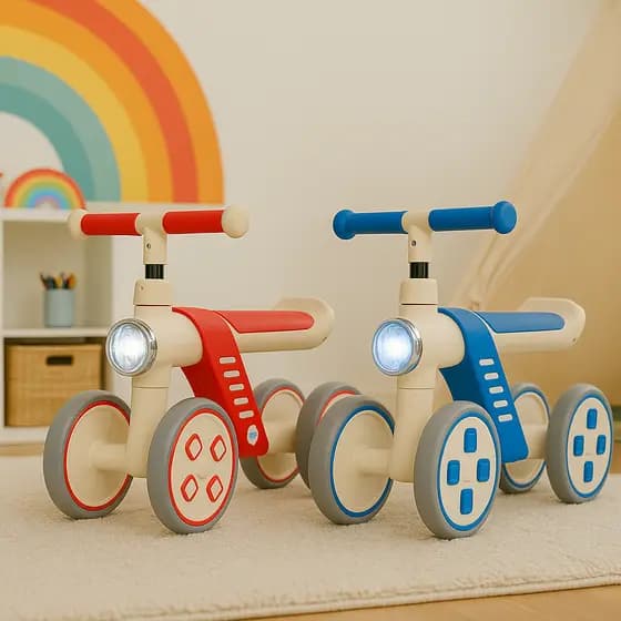 Bicicleta De Equilíbrio Infantil Sem Pedal 4 Rodas Andador Farol Acende Luz Azul Vermelho Mini Bike
