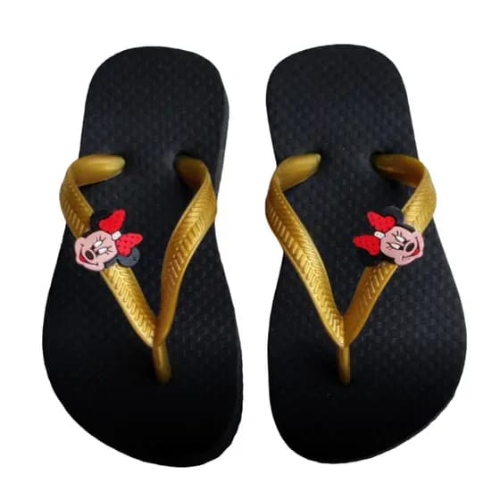 Chinelo Preto e Dourado Infantil Minnie Mouse Tira Slim Desenho Animado Menina Feminino