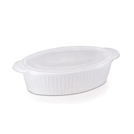 Travessa Oval Canelada com Tampa 1,25L Branco para Cozinha Preparo de Alimentos Uso Doméstico